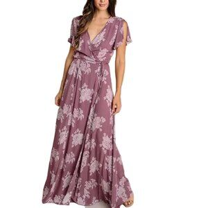 Lulus Dusty Lavender Floral Print Wrap Maxi Dress Size Large